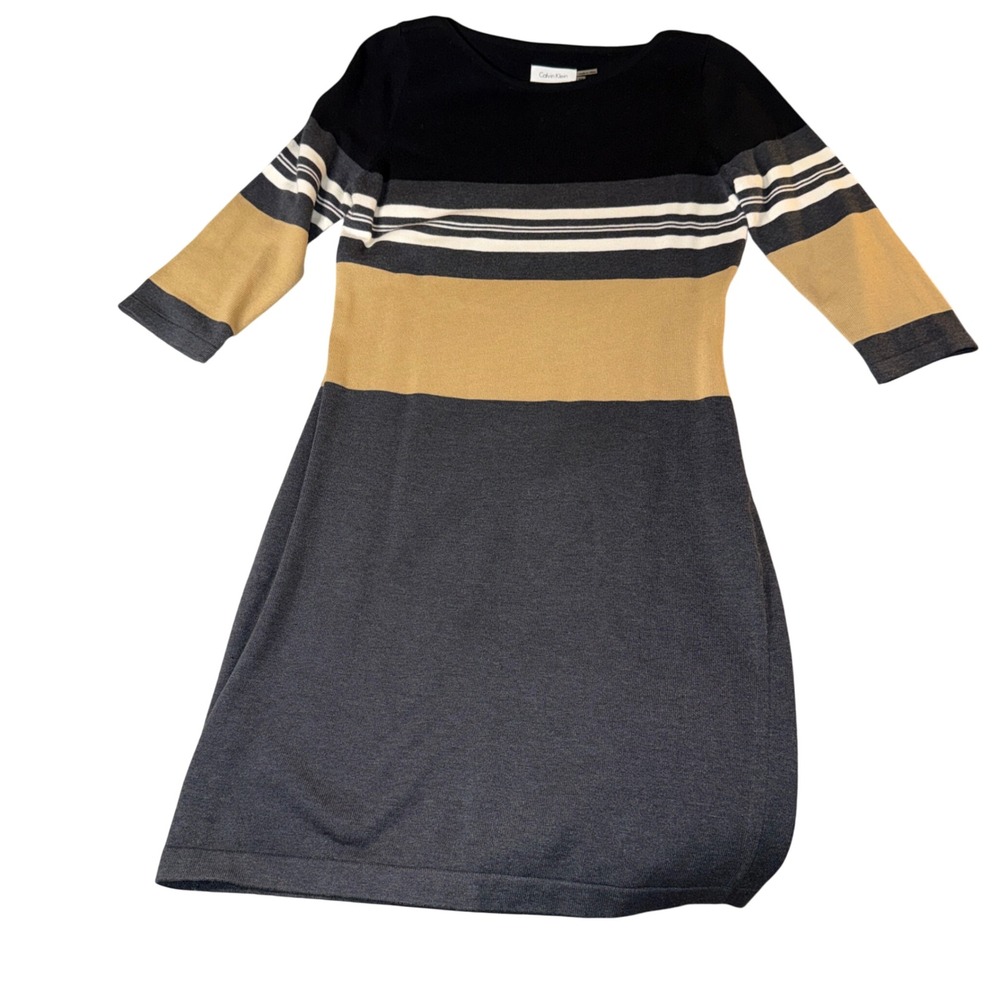 Calvin Klein Women Striped Long Sleeve Knit Sweater Dress Black Camel Gray Sz M
